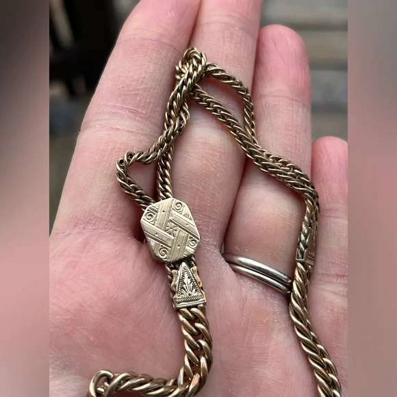 28.46 Gram Gold Filled Albert Chain with Dog Clip, T-Bar and Slide Charm- Flaw - Picture 16 of 17